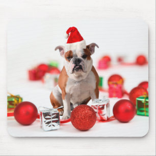 Bulldog Christmas Gift Box Ornaments Red Santa Hat Mouse Pad