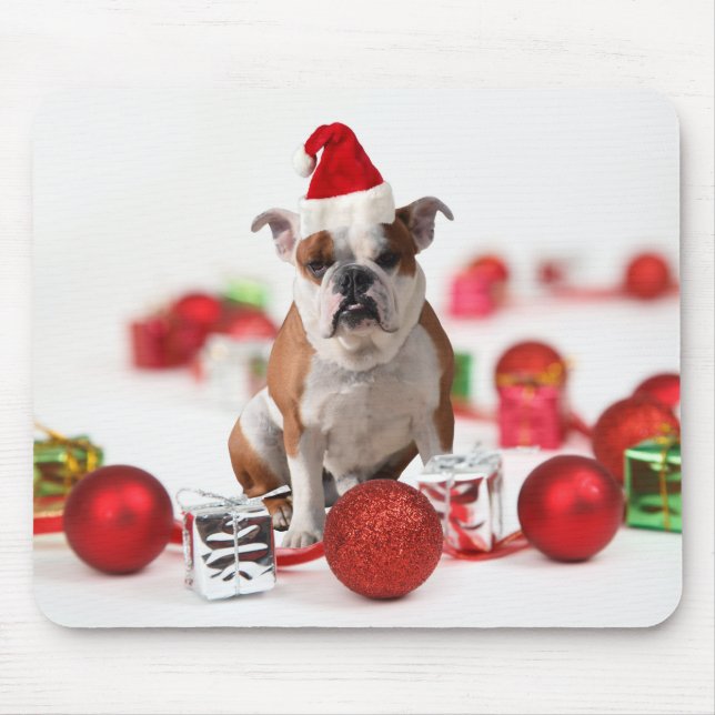 Bulldog Christmas Gift Box Ornaments Red Santa Hat Mouse Pad (Front)