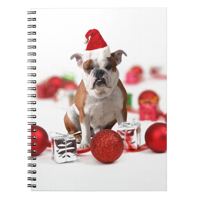 Bulldog Christmas Gift Box Ornaments Red Santa Hat Notebook (Front)