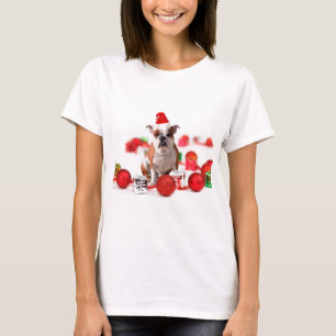 Bulldog Christmas Gift Box Ornaments Red Santa Hat T-Shirt
