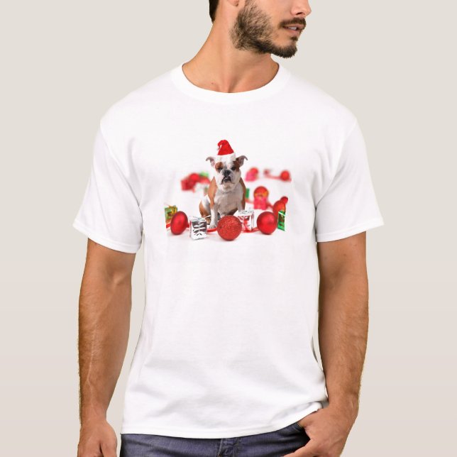 Bulldog Christmas Gift Box Ornaments Red Santa Hat T-Shirt (Front)