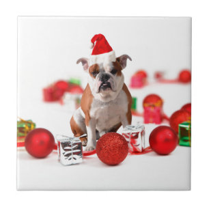Bulldog Christmas Gift Box Ornaments Red Santa Hat Tile