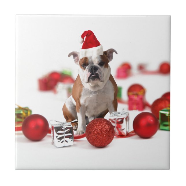Bulldog Christmas Gift Box Ornaments Red Santa Hat Tile (Front)