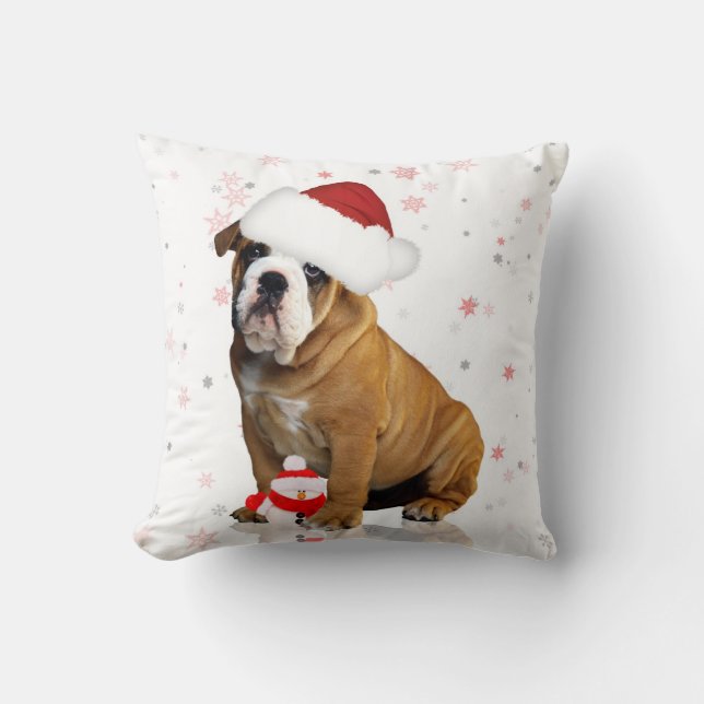Bulldog Christmas Holiday Pillow (Front)