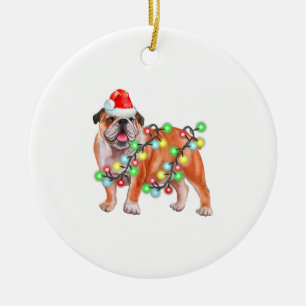Bulldog Christmas Lights Santa Hat Xmas Dog Lover Ceramic Ornament