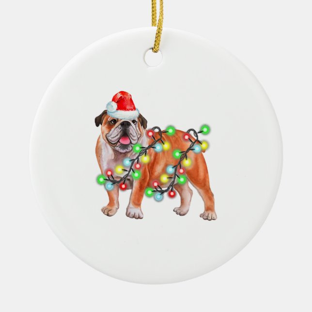Bulldog Christmas Lights Santa Hat Xmas Dog Lover Ceramic Ornament (Front)