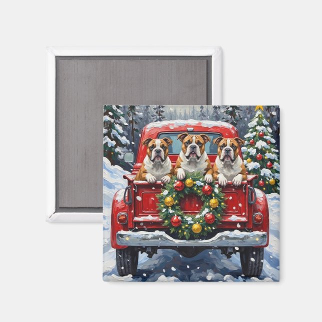Bulldog Christmas Red Truck Holiday Magnet (Front/Back)