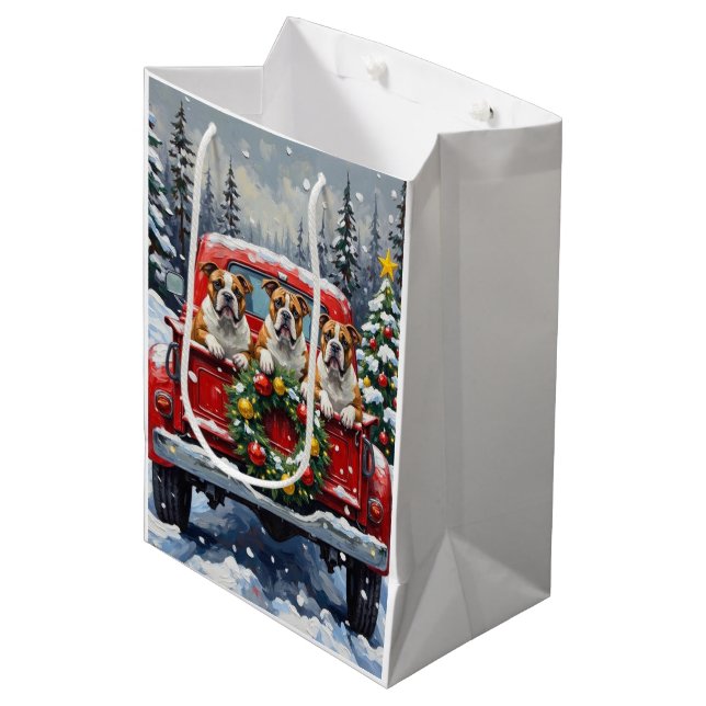 Bulldog Christmas Red Truck Holiday Medium Gift Bag (Front Angled)