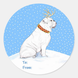 Bulldog Christmas Reindeer White Classic Round Sticker