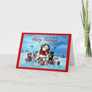 Bulldog Christmas Santa and Animals Greeting Card