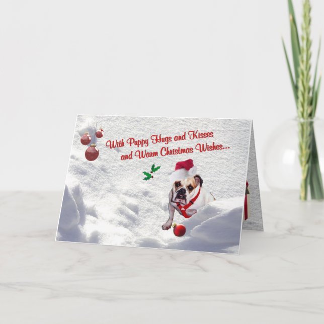 Bulldog Christmas Snow Scene Wishes Greeting Card (Front)