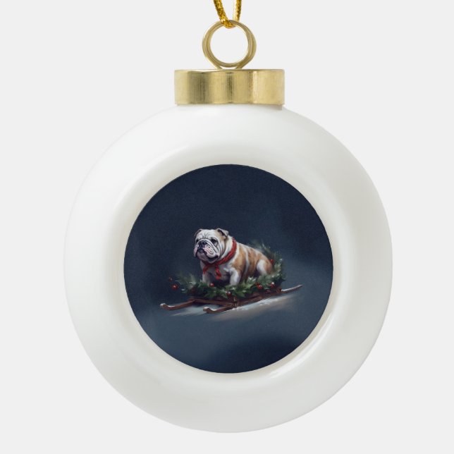 Bulldog Christmas snow winter Ceramic Ball Christmas Ornament (Front)