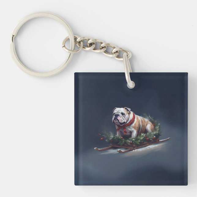 Bulldog Christmas snow winter Key Ring (Front)