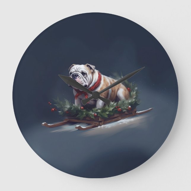 Bulldog Christmas snow winter Large Clock (Front)