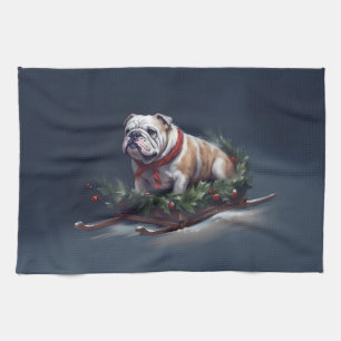 Bulldog Christmas snow winter Tea Towel
