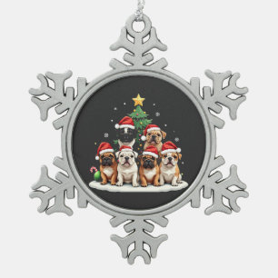 Bulldog Christmas Tree Santa Hat Puppy Lovers Snowflake Pewter Christmas Ornament