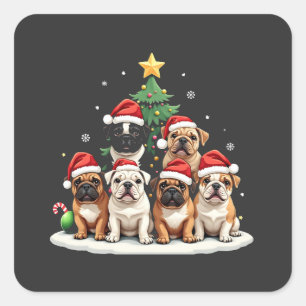 Bulldog Christmas Tree Santa Hat Puppy Lovers Square Sticker