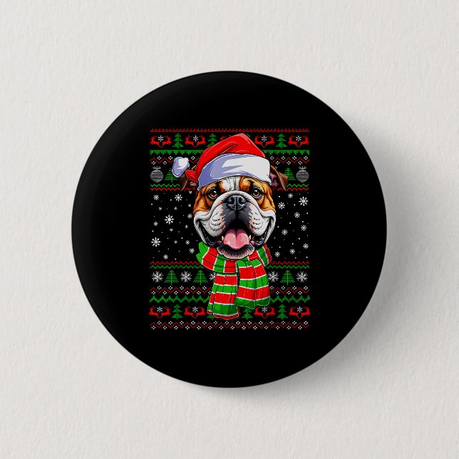 Bulldog Christmas Ugly Sweater Funny Santa Hat Dog 6 Cm Round Badge (Front)