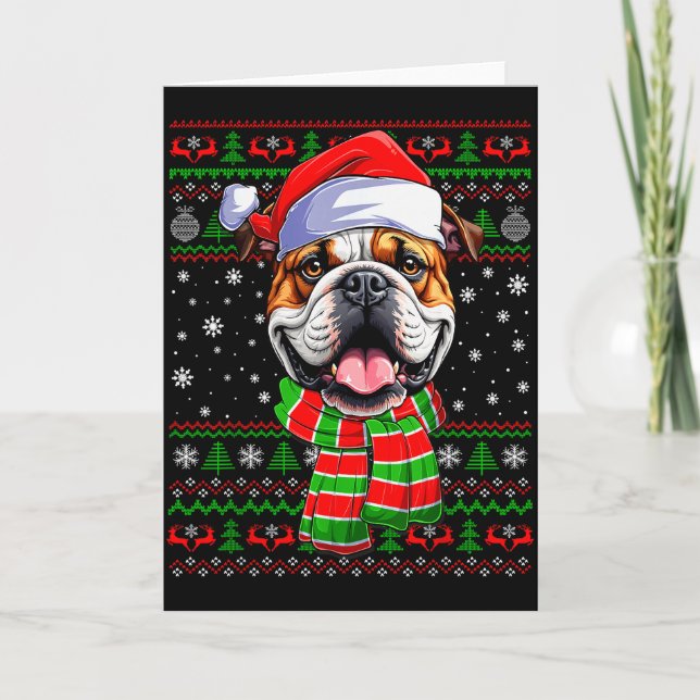 Bulldog Christmas Ugly Sweater Funny Santa Hat Dog Card (Front)