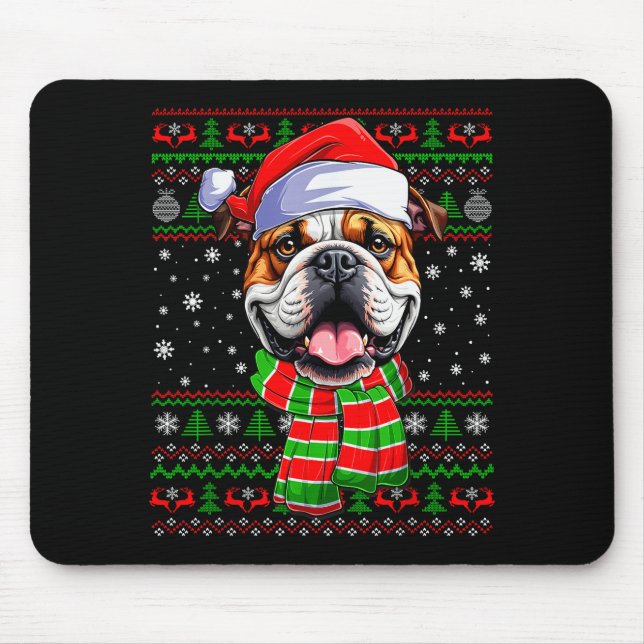 Bulldog Christmas Ugly Sweater Funny Santa Hat Dog Mouse Pad (Front)
