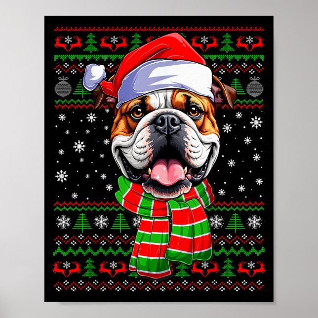 Bulldog Christmas Ugly Sweater Funny Santa Hat Dog Poster (Front)