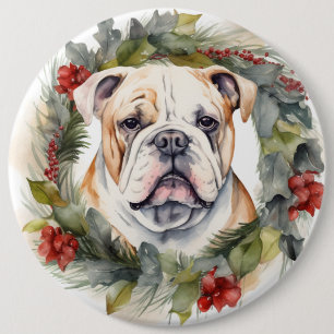 Bulldog Christmas Wreath Festive Pup 6 Cm Round Badge