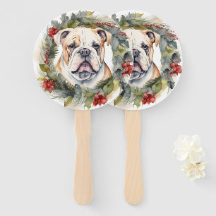 Bulldog Christmas Wreath Festive Pup  Hand Fan