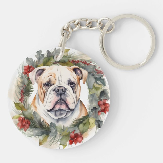 Bulldog Christmas Wreath Festive Pup  Key Ring (Back)