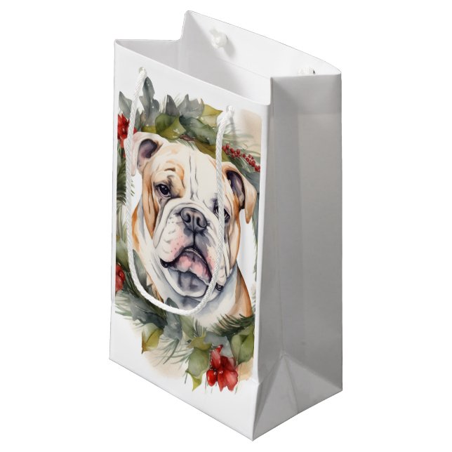 Bulldog Christmas Wreath Festive Pup  Small Gift Bag (Front Angled)