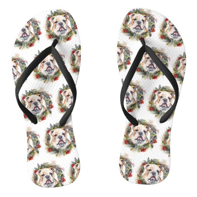 Bulldog Christmas Wreath Festive Pup  Thongs (Footbed)