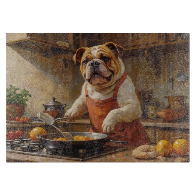 Bulldog Cooking in Kitchen Cutting Board (Front)