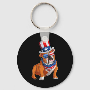 Bulldog Dog 4th Of July American Flag Key Ring