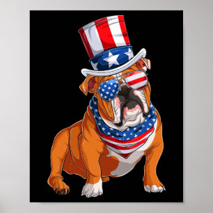 Bulldog Dog 4th Of July American Flag Poster