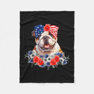 Bulldog Dog Bandanna American Flag 4th Of July  Fleece Blanket