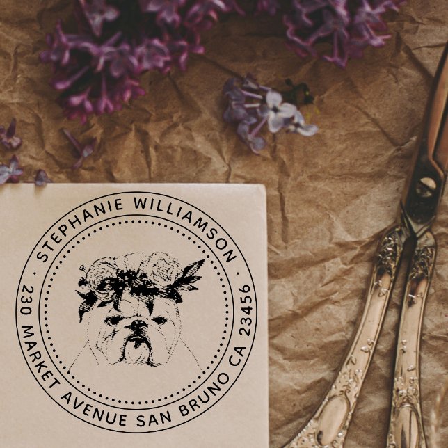 Bulldog Dog Illustration Name & Return Address Self-inking Stamp (Creator Uploaded)