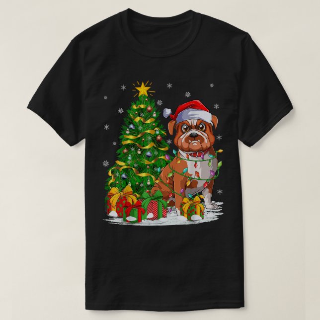 Bulldog Dog Lover Xmas Tree Santa Funny Bulldog Ch T-Shirt (Design Front)