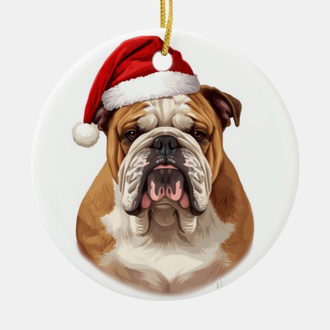 Bulldog Dog Santa Hat Merry Christmas Art Ceramic Ornament (Front)