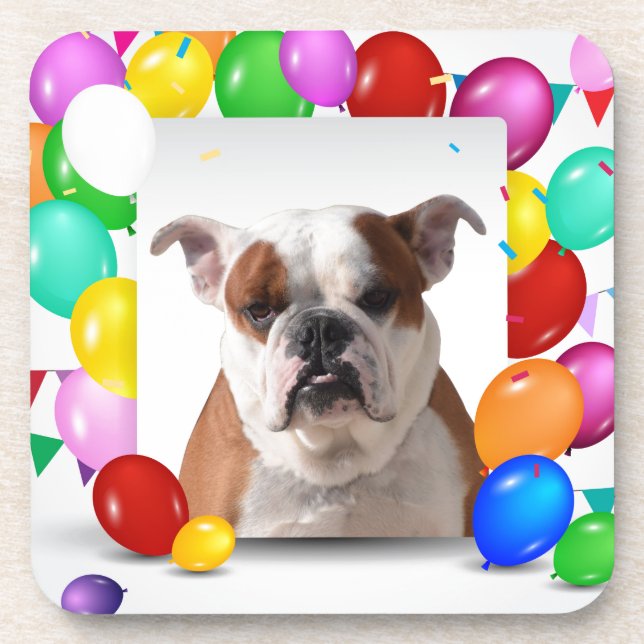 Bulldog Dog with colourful Balloons Birthday Theme Coaster (Front)
