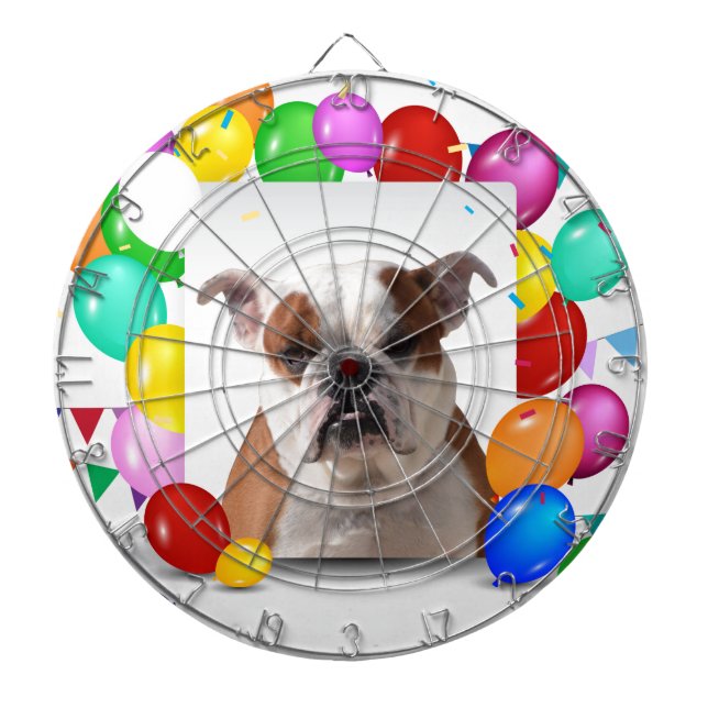 Bulldog Dog with colourful Balloons Birthday Theme Dartboard (Front)
