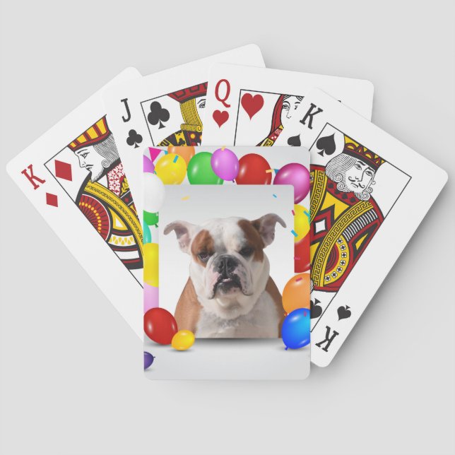 Bulldog Dog with colourful Balloons Birthday Theme Playing Cards (Back)