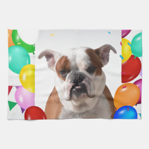 Bulldog Dog with colourful Balloons Birthday Theme Tea Towel