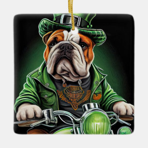 Bulldog Driving Bike St. Patrick's Day Ceramic Ornament
