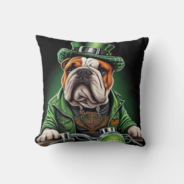 Bulldog Driving Bike St. Patrick's Day Cushion (Front)