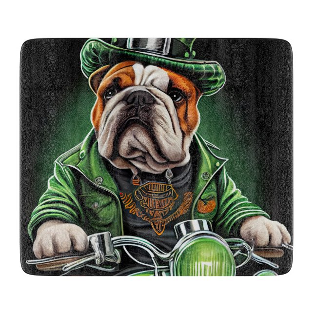 Bulldog Driving Bike St. Patrick's Day Cutting Board (Front)