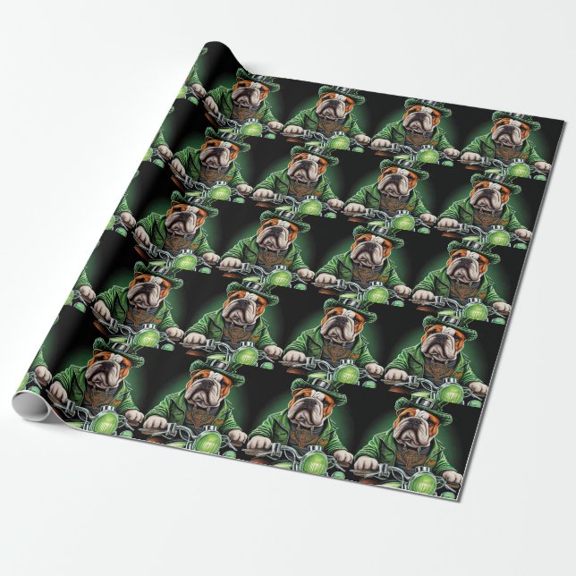 Bulldog Driving Bike St. Patrick's Day Wrapping Paper (Unrolled)