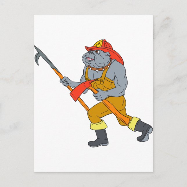 Bulldog Firefighter Pike Pole Fire Axe Drawing Postcard (Front)