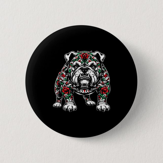 Bulldog Floral Red Rose Mens Womens  6 Cm Round Badge (Front)