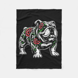 Bulldog Floral Red Rose Mens Womens Fleece Blanket