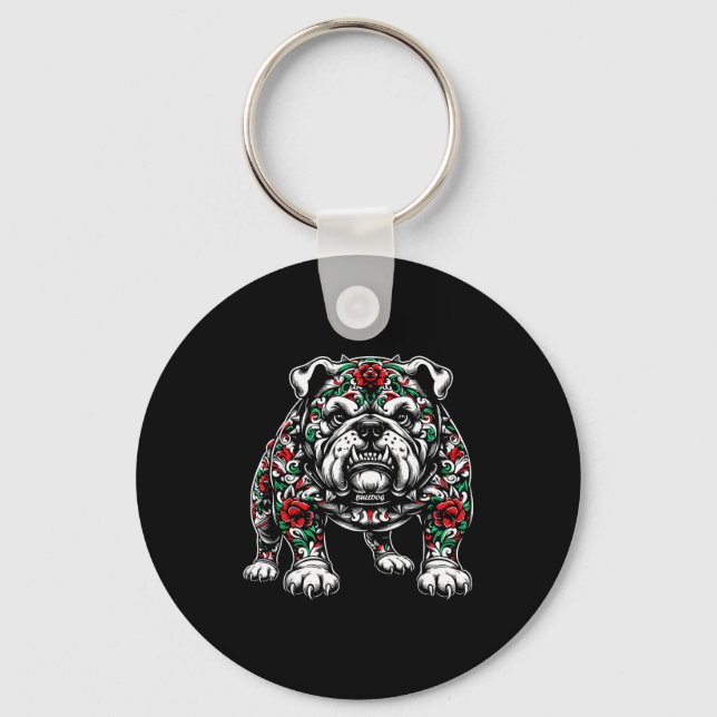 Bulldog Floral Red Rose Mens Womens  Key Ring (Front)
