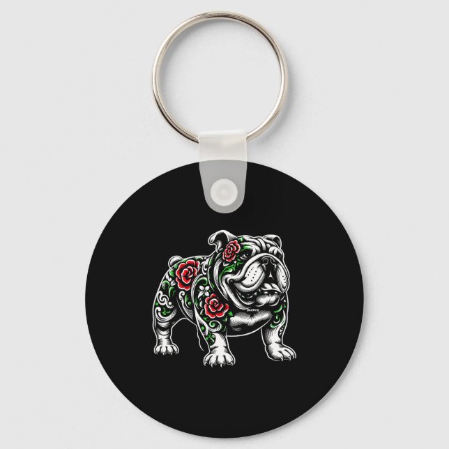 Bulldog Floral Red Rose Mens Womens  Key Ring (Front)